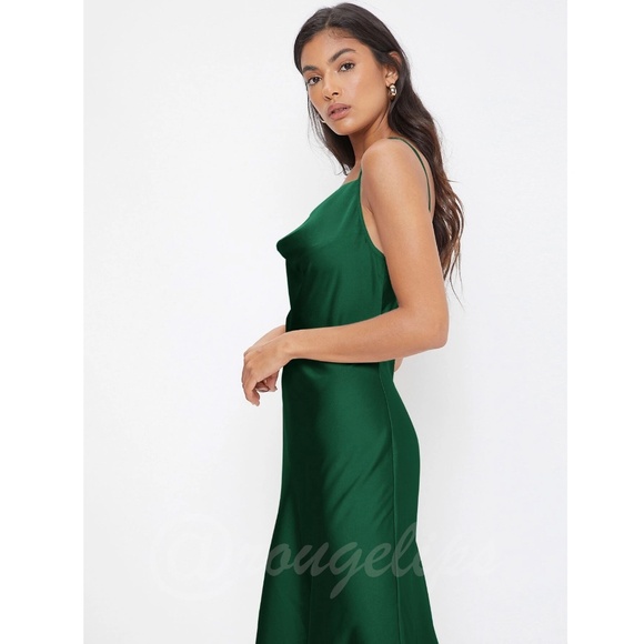 Green Satin Cami Dress Midi Adjustable Spaghetti Straps - Picture 3 of 8